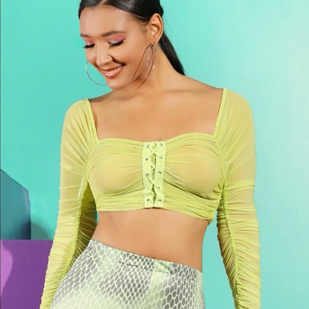 New Sheer Mesh Ruched Long Sleeve Lime Green Crop Top